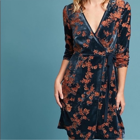 Anthropologie Eri and Ali Enya Velvet Burnout Wrap Dress Navy Blue Sz S NEW - Picture 1 of 14